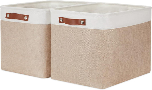 HNZIGE Fabric Storage Baskets for Organizing [2 Pack] Large Canvas Rectangular Storage Bins for shelves 16" X 11.8" X 11.8" Clothes Baskets Collapsible Bins for Closet Linen Organizers (Beige&White)