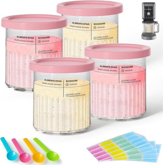 GuanQiao 4 Pack Creami Deluxe Pints & Lids for Ninja, 24 Oz Compatible with NC500 NC501 Series Ice Cream Makers, with 4 Spoons & 64 Writable Labels, BPA-Free & Dishwasher Safe, Pink