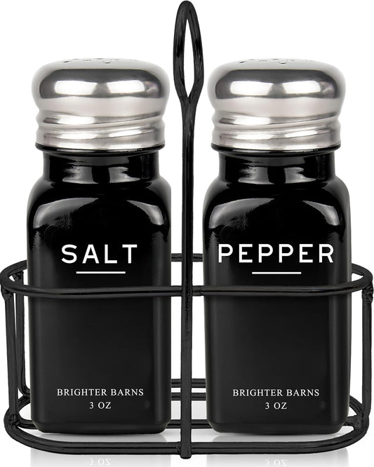 Black Salt and Pepper Shakers Set with Holder by Brighter Barns - Farmhouse Kitchen Decor, Modern Kitchen Essentials, Dining Table Centerpiece Decor - Glass Shakers with Caddy for Restaurants (Black)