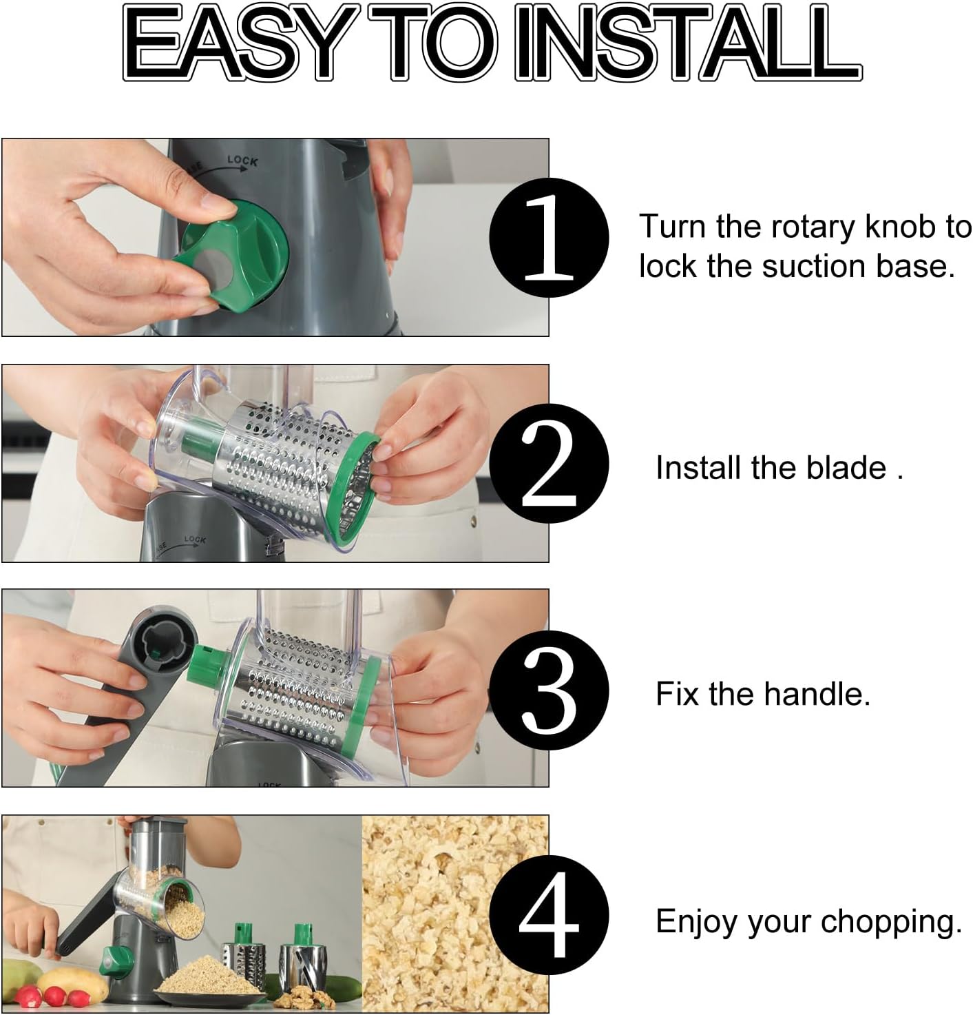 Ourokhome Rotary Cheese Grater Hand Crank, Kitchen Shredder Speed Mandolin Slicer Nuts Grinder with Handle and Drum Blades for Cheese, Vegetable, Walnuts, Chocolate, Potato, Carrot, 3 Blades, Gray