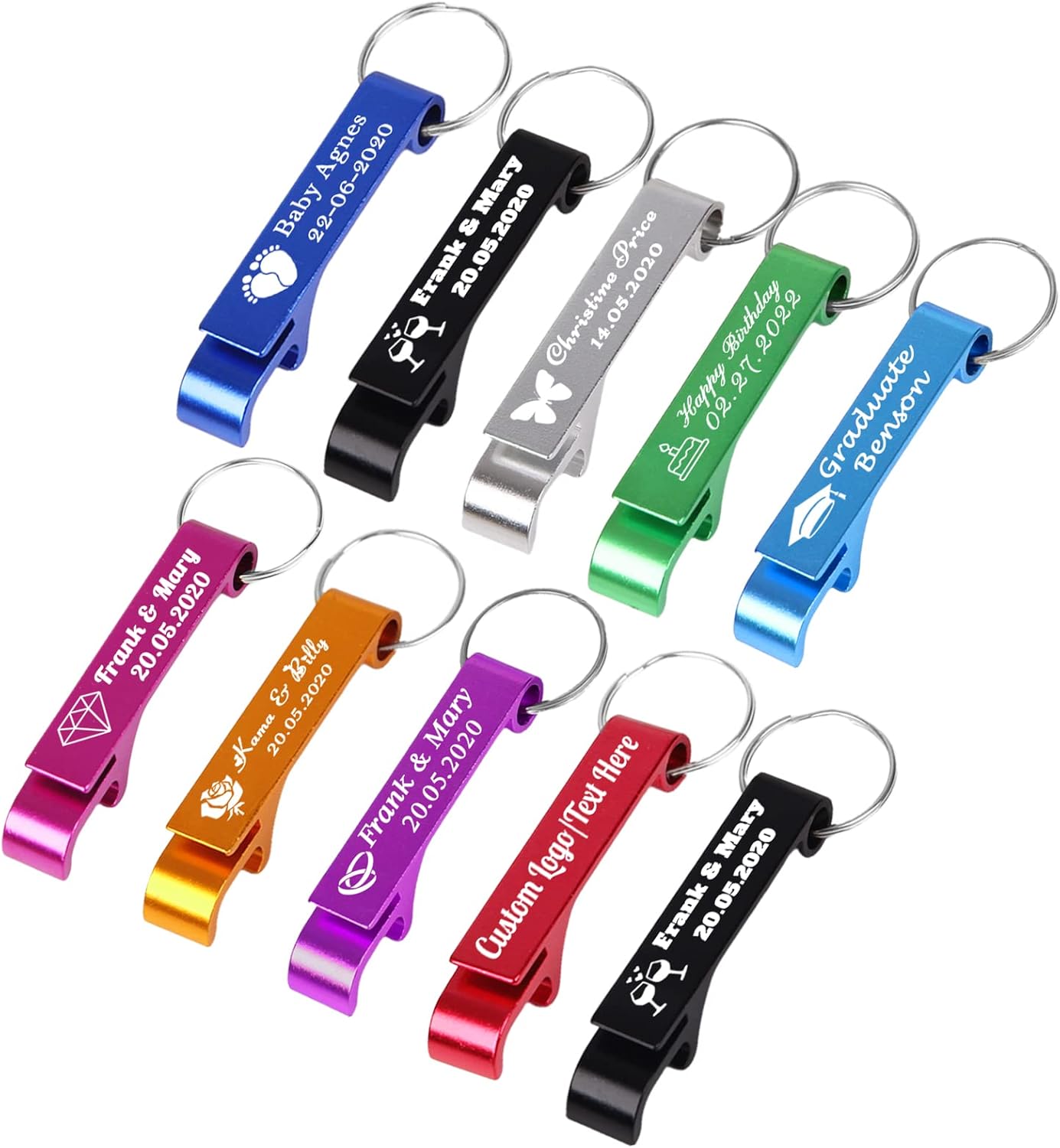 10PCS Personalized Bottle Opener Keychain Bulk Custom Beer Bottle Opener with Logo Text Engraved Wedding Bottle Opener Favors Customized Gifts for Guests Baby Shower Birthday Party-Assorted