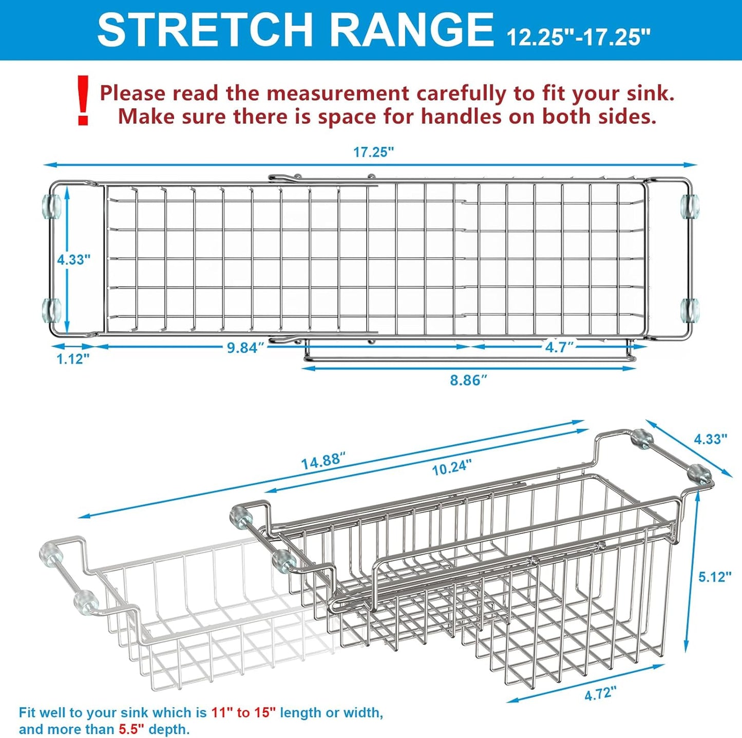 Over The Kitchen Sink Caddy Sponge Holder Organizer Drying Rack Expandable for Sponge Brush Soap Dish Cloth Rag, Stainless Steel (12.25" to 17.25")