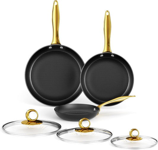 Frying Pan Set with Lids - Cast Iron Skillet Set with Lids, Honeycomb Frying Pan Nonstick, Lightweight Non Stick Cookware Set, Induction Skillet Set Egg Omelet Frying Pan W/Stay Cool Handle, PFOA Free