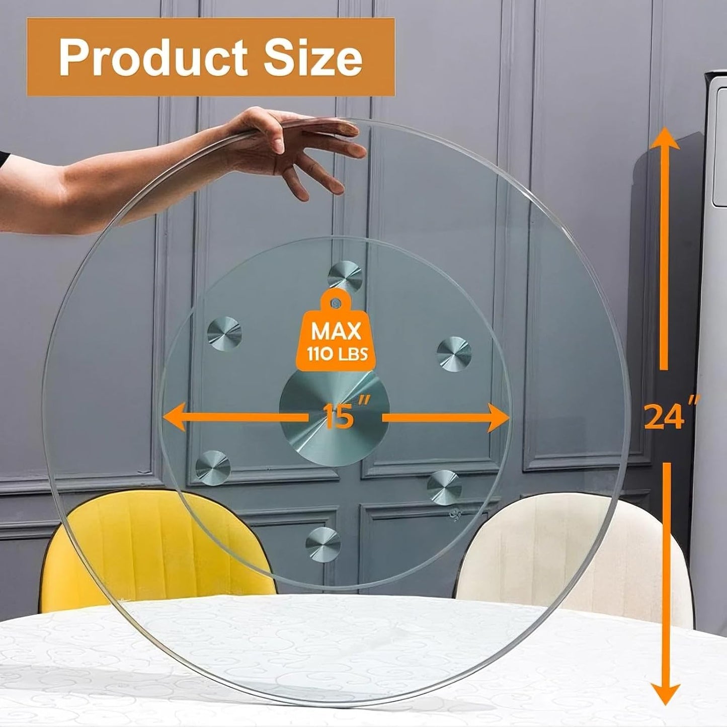 24" Tempered Glass Lazy Susan Turntable, 360° Silent-Spin Round Clear Tabletop Rotating Tray, Centerpiece for Dining Tables, Smooth Rotation, for Banquets, Weddings & Family Gatherings