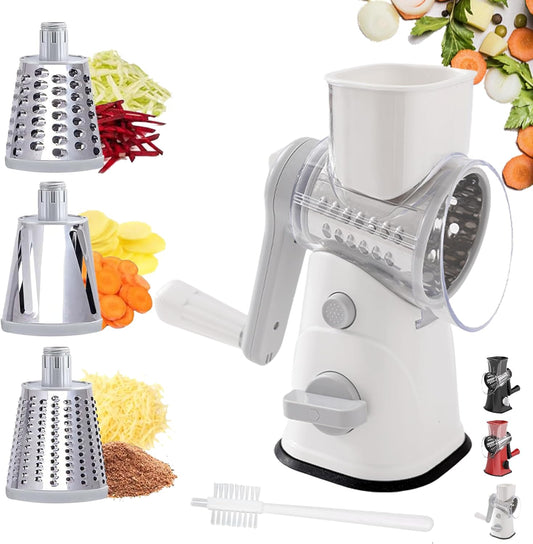 3-in-1 Rotary Cheese Grater Vegetable Slicer, 3 Interchangeable Blades Food Shredder with Anti-Slip Reinforced Suction Base, Kitchen Mandoline Chopper (White)