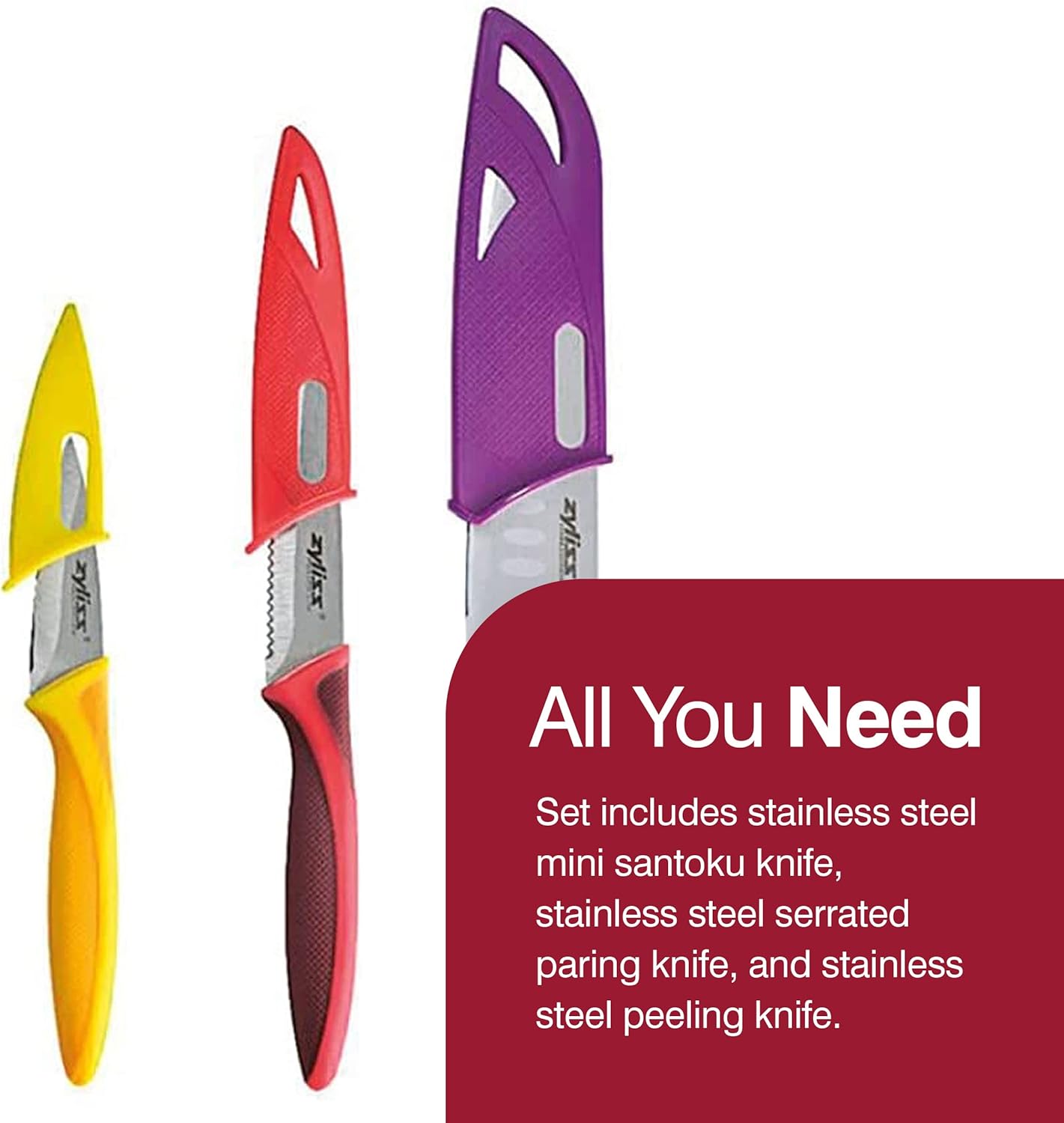 Zyliss 3 Piece Mini Santoku Knife Set with Sheath Covers, Stainless Steel/Pur...