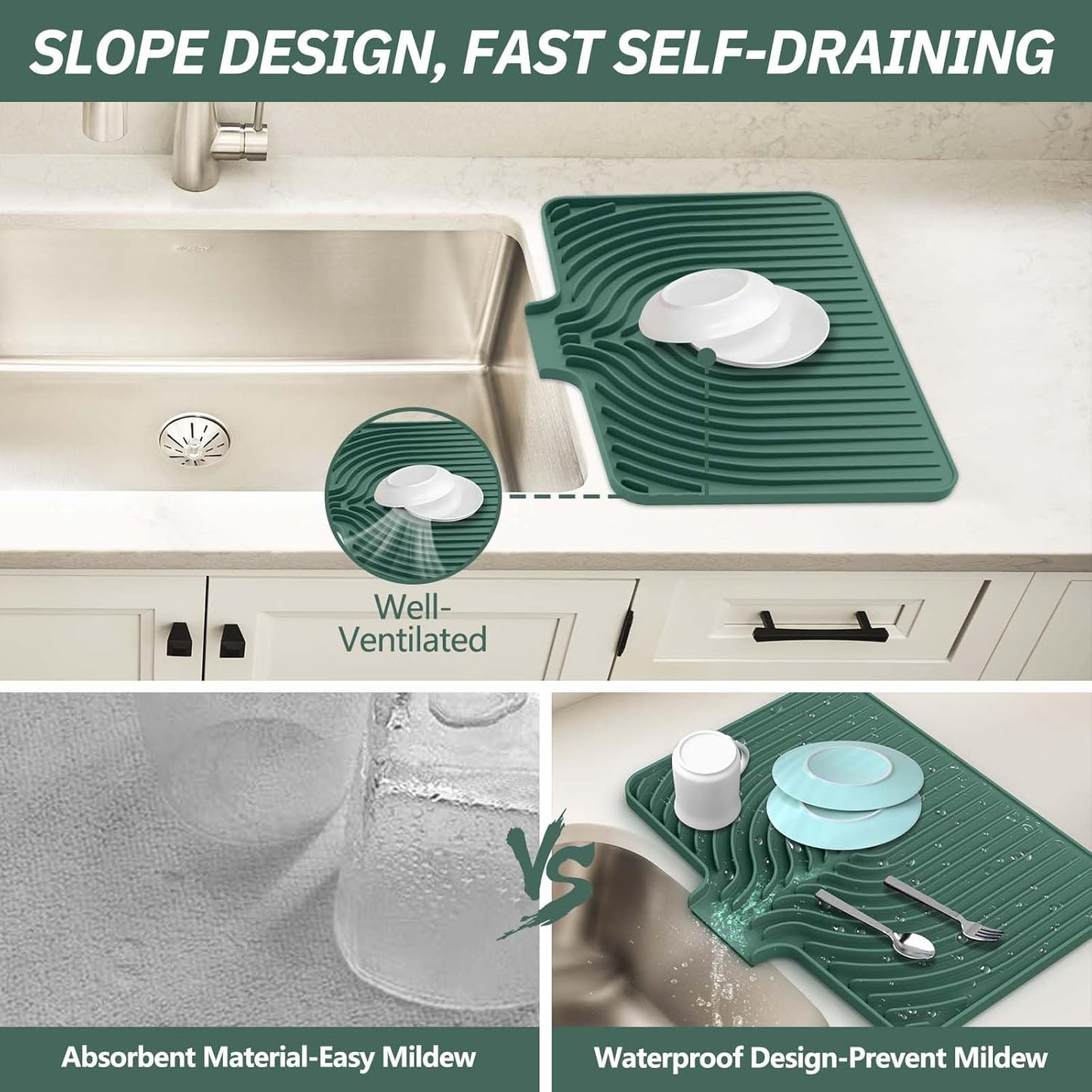 Silicone Dish Drying Mat for Kitchen Counter with Built-in Drain, Easy Clean Pad for Countertop Protection, Fast Self-Draining Slope, Non-Slip, Multiple Use 17.7 x 11.8 Inch (Dark Green)
