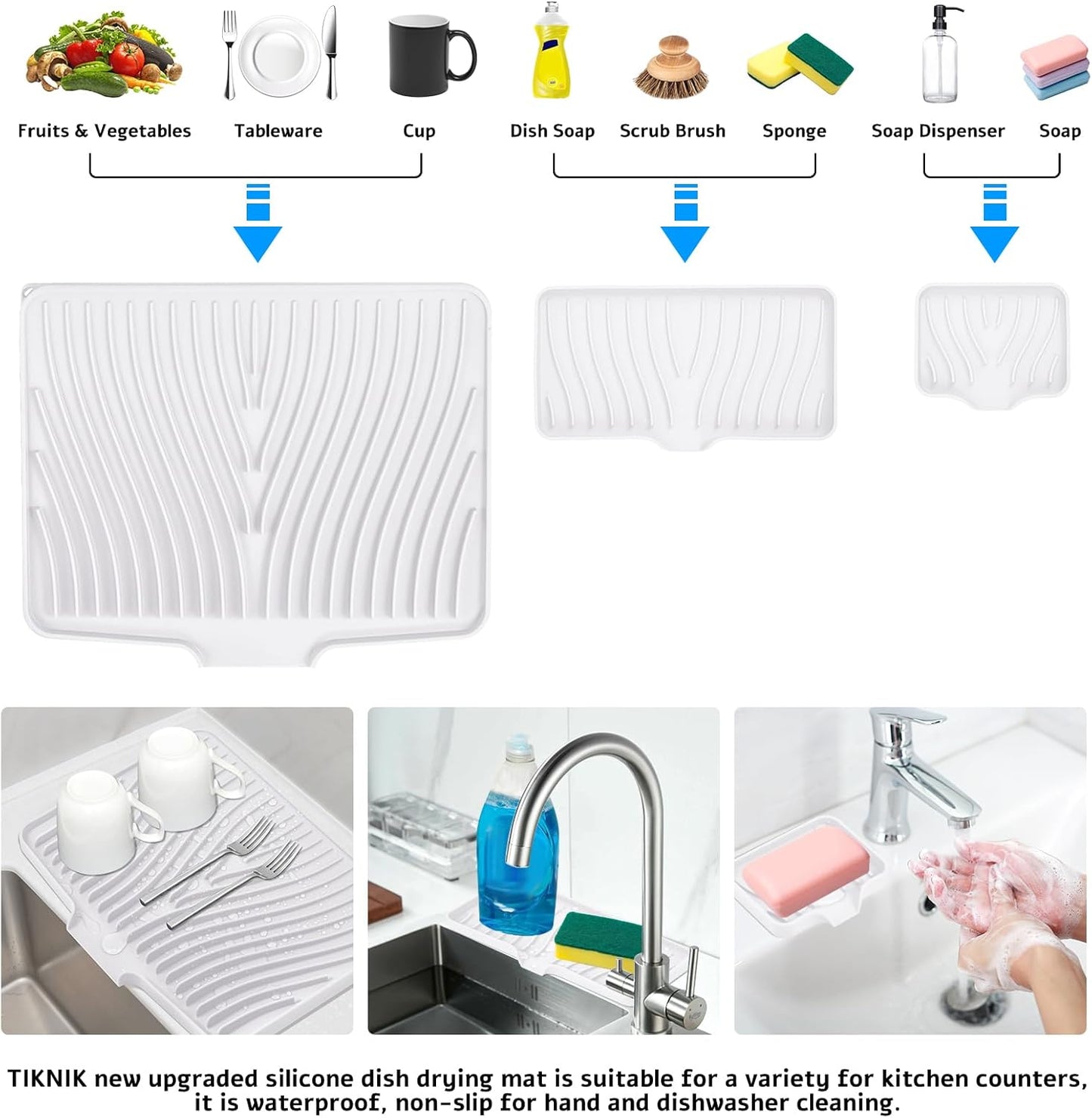 Silicone Dish Drying Mat for Kitchen Counter, Dish Drying Pad, Non-Slip Drain Pad with Built-in Drain, Heat Resistant Stone Drying Mat, 1 set (Ivory)