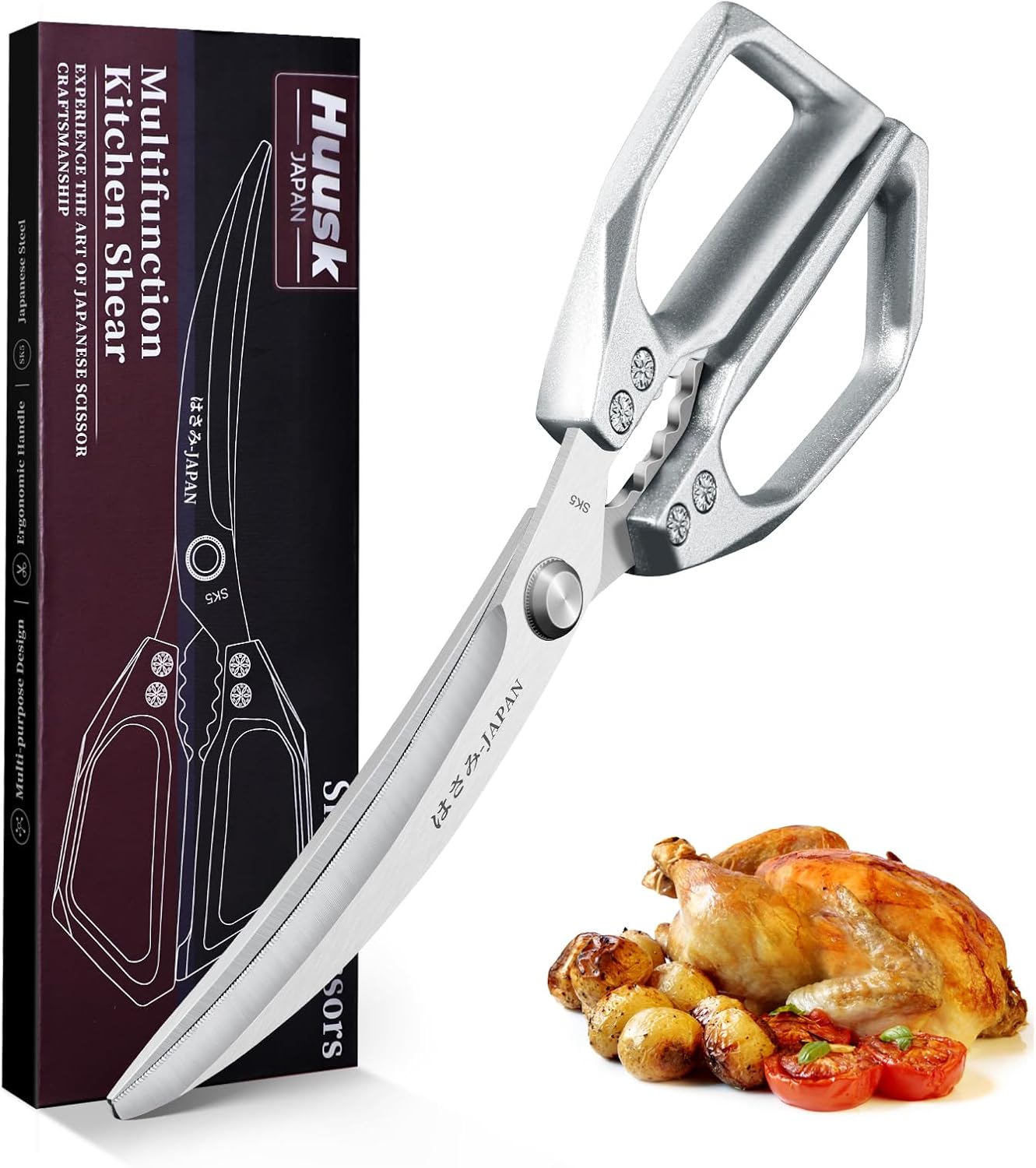 HUUSK Kitchen Scissors Silver - Stainless Steel Kitchen Shears for Food, Japanese Cooking Scissor, Sharp Meat Scissors Dishwasher Safe, Heavy Duty Poultry Shears for Chicken Bones, and Turkey
