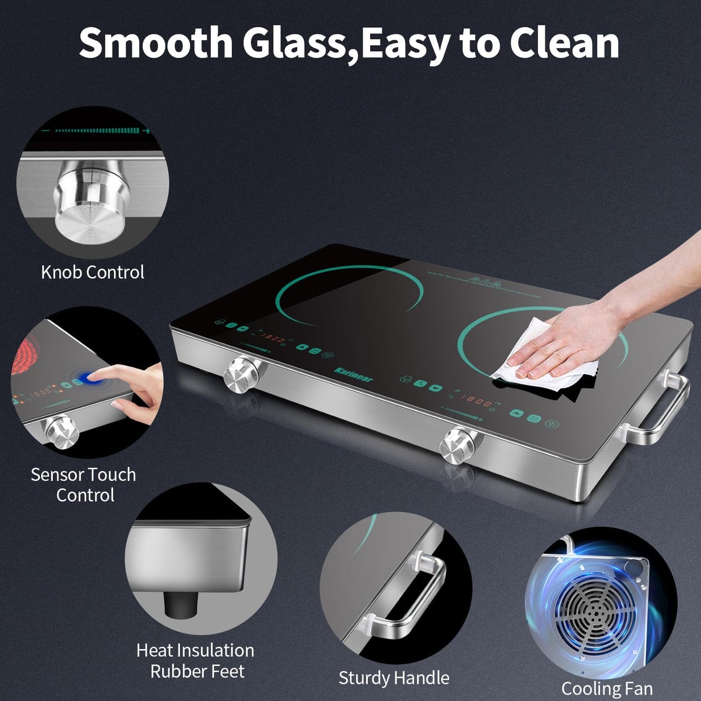 Karinear 2 Burner Electric Cooktop 110V, Portable Electric Stove with Handle, Knob Control Electri Hot Plate, Ceramic Countertop Burner, Timer, Safety Lock, 9 Power Level, 2000W, 24 inch(Green)