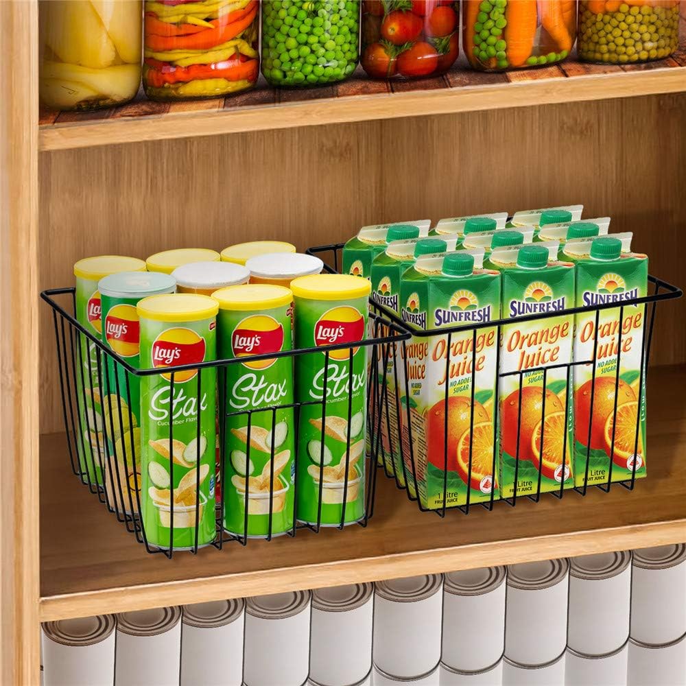 SANNO Black Closet Baskets Freezer Baskets Pantry Storage Wire Basket,Wire Basket Farmhouse Storage Organizer, Metal Household Storage Organizer Bin for Pantry Shelf Kitchen Cabinet Bathroom Black