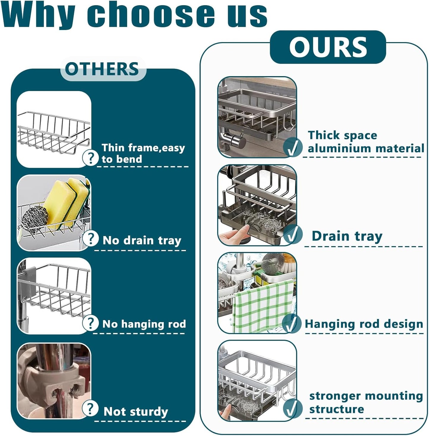 Sink Faucet Organizer Sponge Holder, Over Faucet Sink for 0.7-1.1" Round Water Pipe, Rustproof Caddy Rack, Adjustable Storage Shelf for Kitchen, Bathroom (Right Silver)