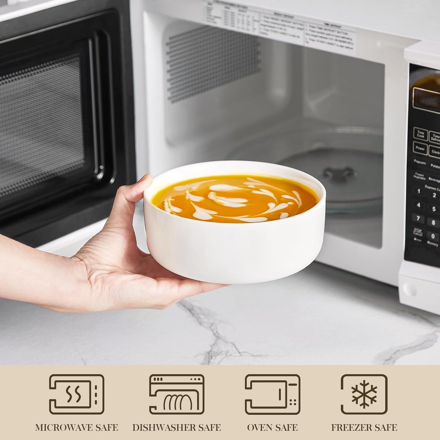 MALACASA 24 OZ Cereal Bowls, Porcelain Soup Oatmeal Bowls Set of 6, Kitchen Ceramic Serving Bowl, Dishwasher Microwave Oven Safe, White, Series LUNA