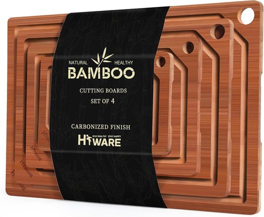 Hiware 4 Pieces Extra Large Wooden Cutting Boards Set- Bamboo Cutting Boards for Kitchen Meal Prep & Serving, Cutting Board with Deep Juice Groove & Built-in Handles, Charcuterie & Chopping Board