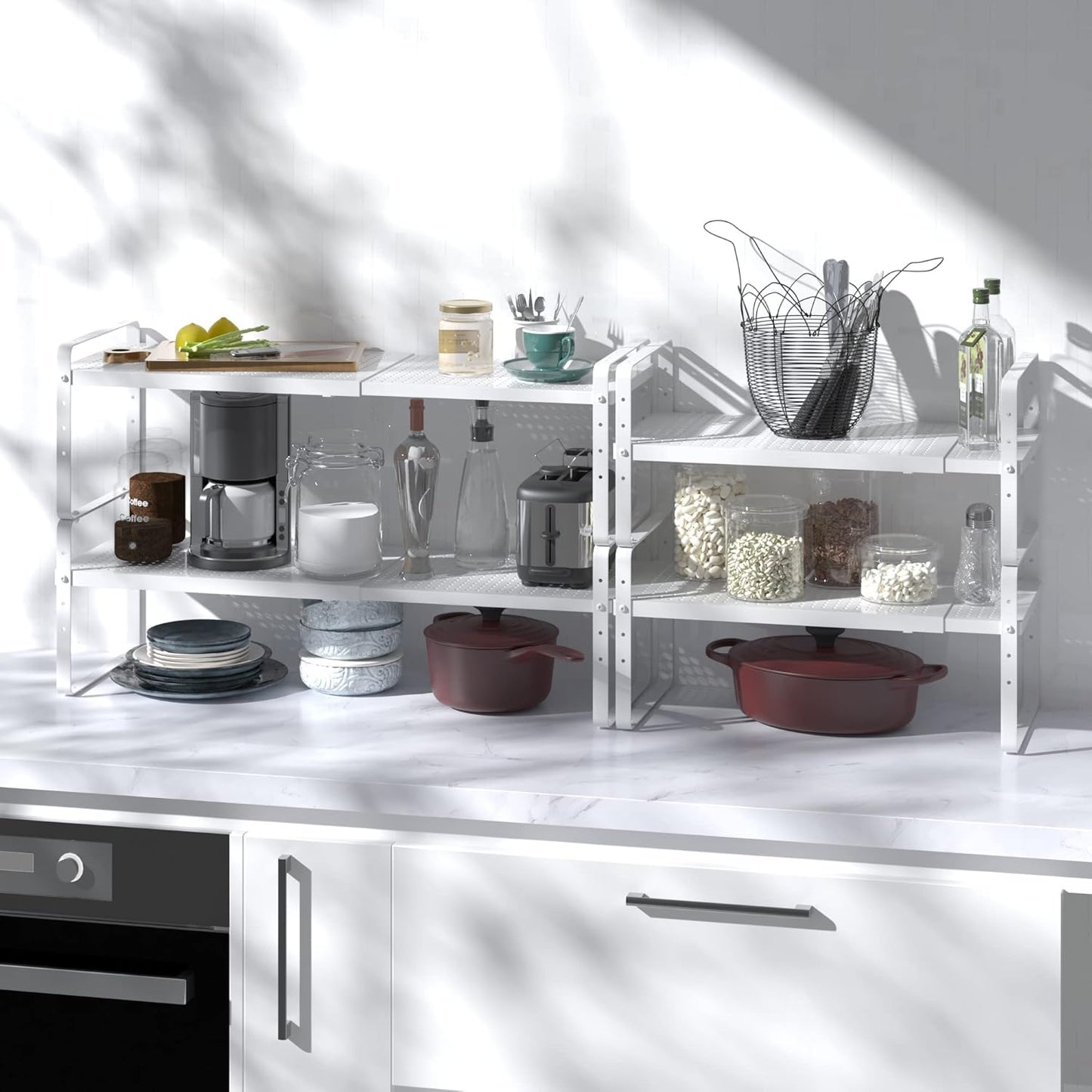 Expandable Cabinet Shelf Organizer Adjustable Metal Spice Rack Stackable Freestanding Counter Storage Shelves for Kitchen Cabinet Under Sink Office Desk (White - 1Pack - L16.5-27'' * W10.2'' * H9.6'')