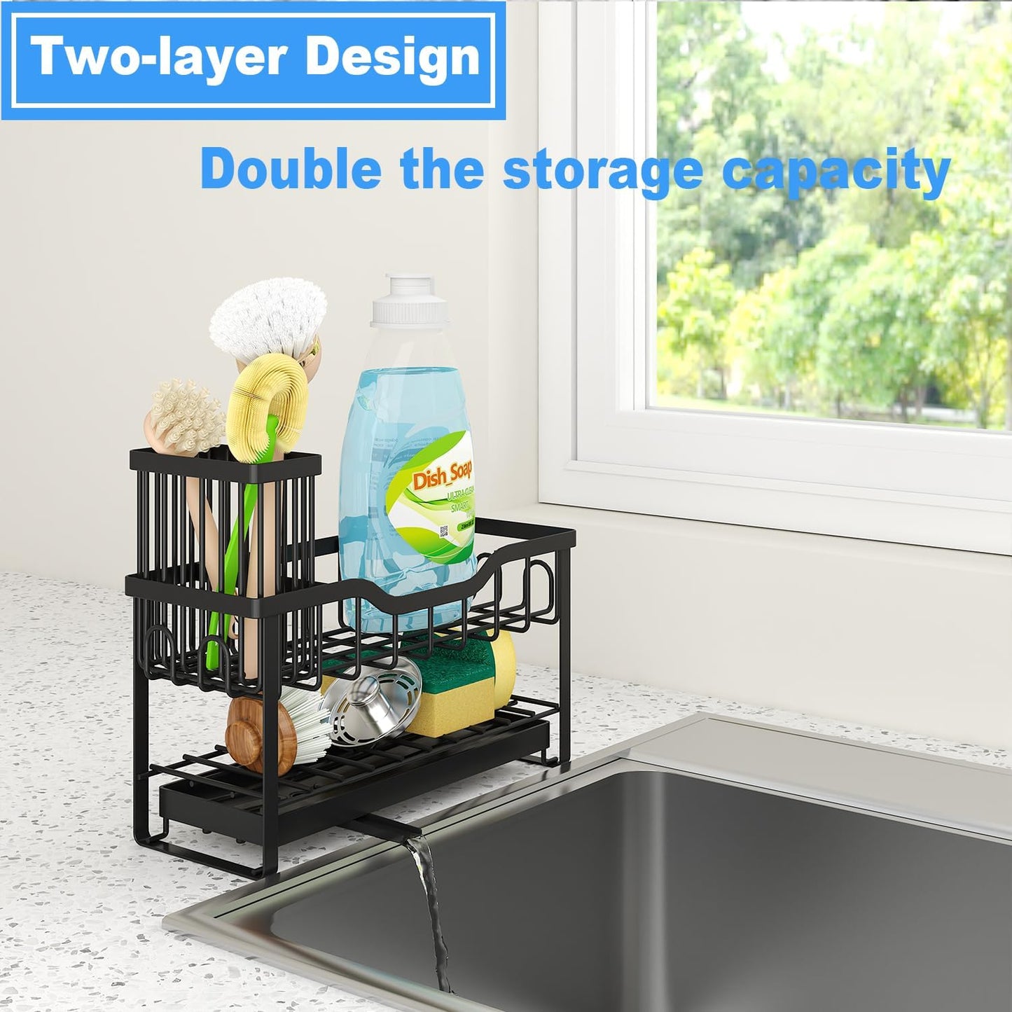 2-Tier Sponge Holder for Kitchen Sink, Caddy Organizer with High Brush Holder, Durable & Rustproof Kitchen Sink Accessories (Black)