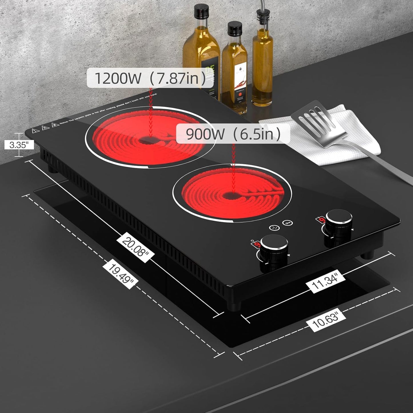 110v Electric Cooktop 2 Burners, 12'' Electric Stove Top with Plug in, GTKZW Knob Control Countertop & Built-in Ceramic Cooktop, 9 Power Levels, Child Lock, Timer, Over-Heat Protection