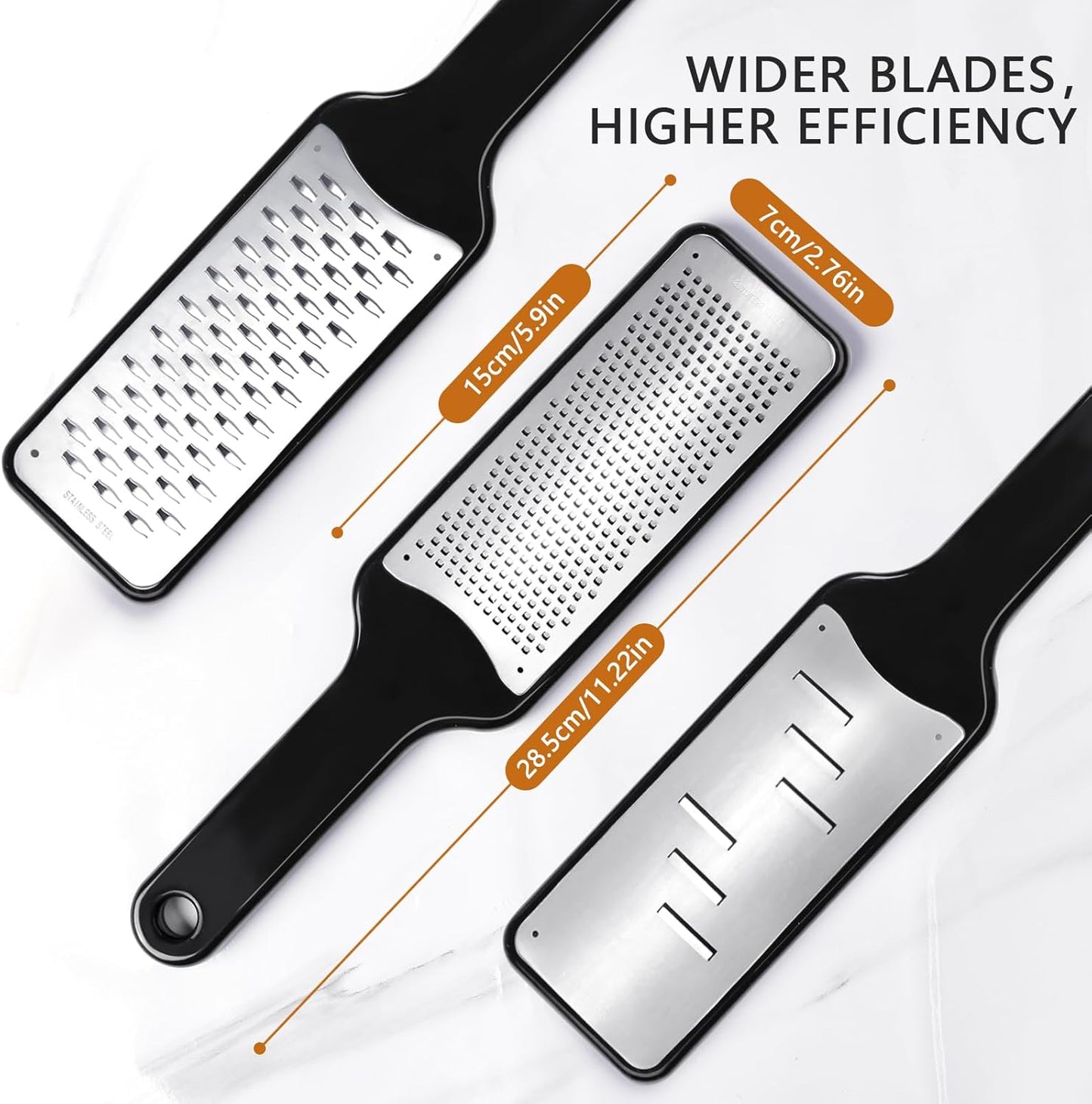 LHS Lemon Zester Grater Set of 3 - Cheese Grater Kitchen Tool for Parmesan Cheese, Ginger, Nutmeg, Chocolate, Vegetables, Stainless Steel Cheese Shredder（Fine & Ribbon & Coarse Blades）