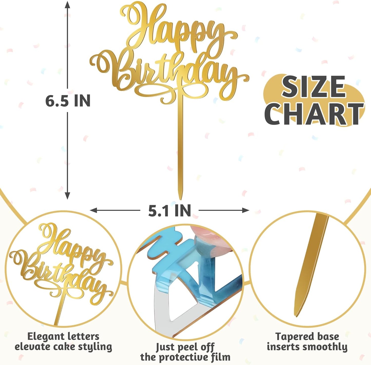 1PCS Gold Happy Birthday Cake Topper, 5.1 x 6.5 Inches Mirror Acrylic Signs Birthday Cake Decorations, Birthday Cake Toppers for Baby Shower, Gender Reveal Cake Decorations, Dessert Parties