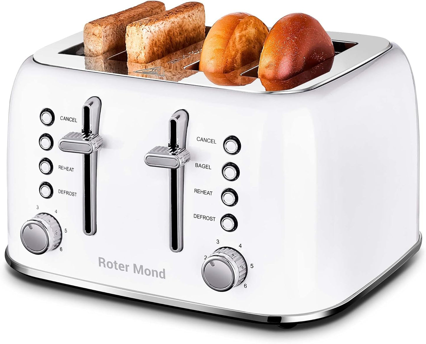 Toaster 4 Slice Retro Stainless Steel with Extra Wide Slots Bagel, Defrost, Reheat Function, Dual Independent Control Panel, Removable Crumb Tray, 6 Browning Levels, White