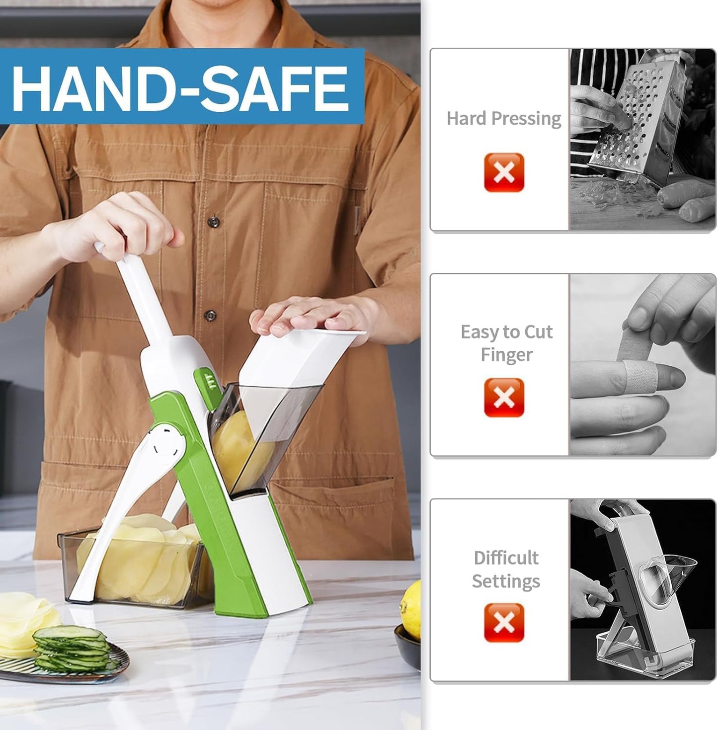 Safe Mandoline Slicer for Kitchen, Vegetable & Food Cutter & Thickness Adjustable 0.1-8 mm. Easy to Clean, Storage, Kitchen Faster Slice Artifact (Only Slice) (Green)