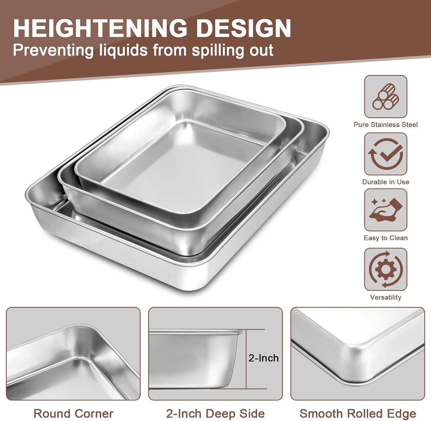 Baking Pans Set of 3, Commercial Grade Stainless Steel Cookie Pan for Baking, 12/10/9 Inch, Rectangle Bakeware Set for Cakes Breads Lasagna Casseroles, Rust & Warp Resistant & Nonstick, Heavy Duty