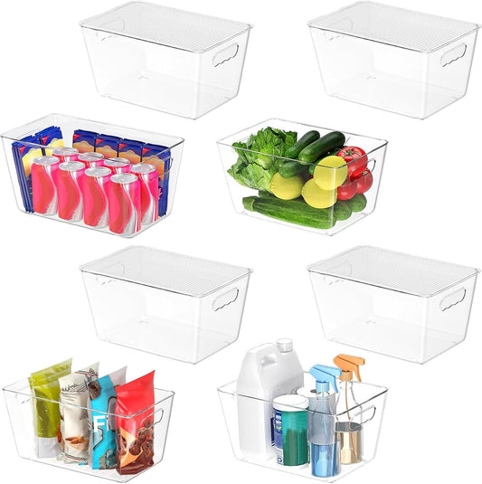 BALEINE Clear Stackable Storage Bins with Lids, Plastic Containers with Handle for Pantry Organizers and Storage, Plastic Bins for Fridge, Kitchen, Bathroom, Cabinet (13x7.4x7, 8PK)