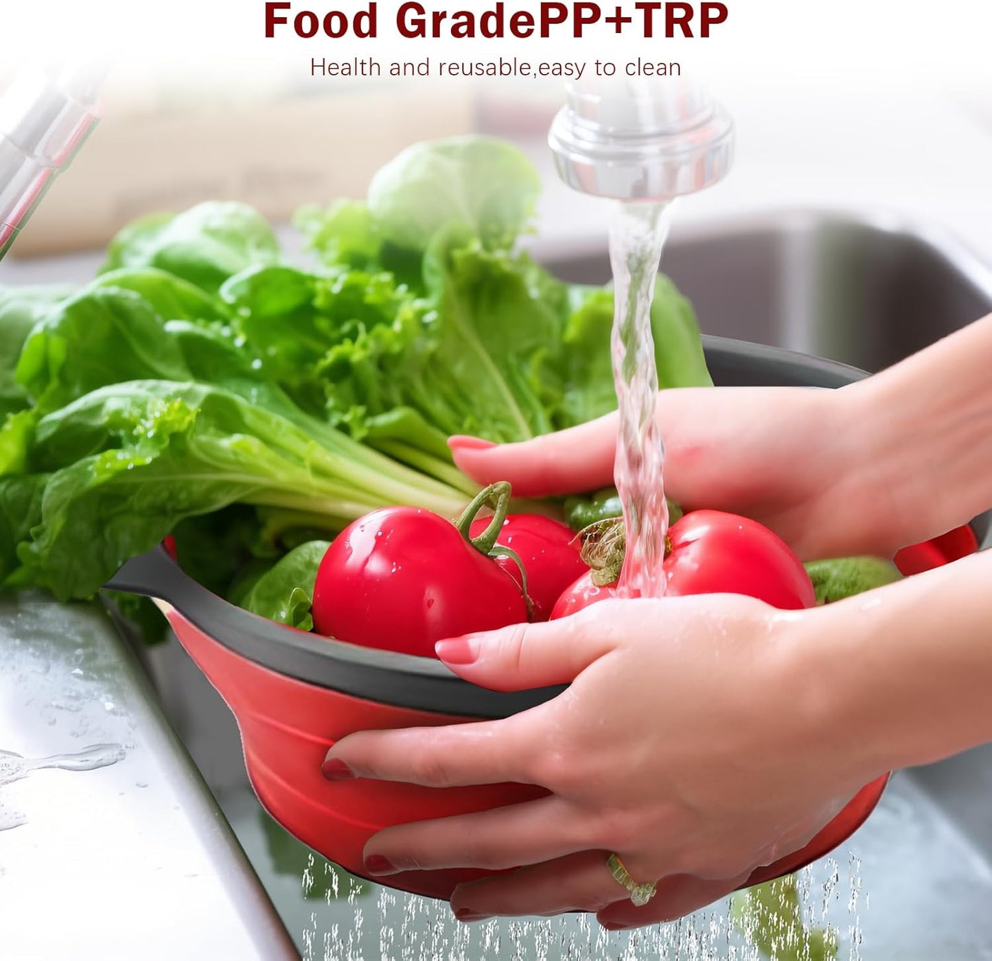 Collapsible Colander Set of 2 Silicone Kitchen Strainer Set, Perfect for Draining Pasta, Vegetable and fruit for Kitchen and Travel Use (Red)