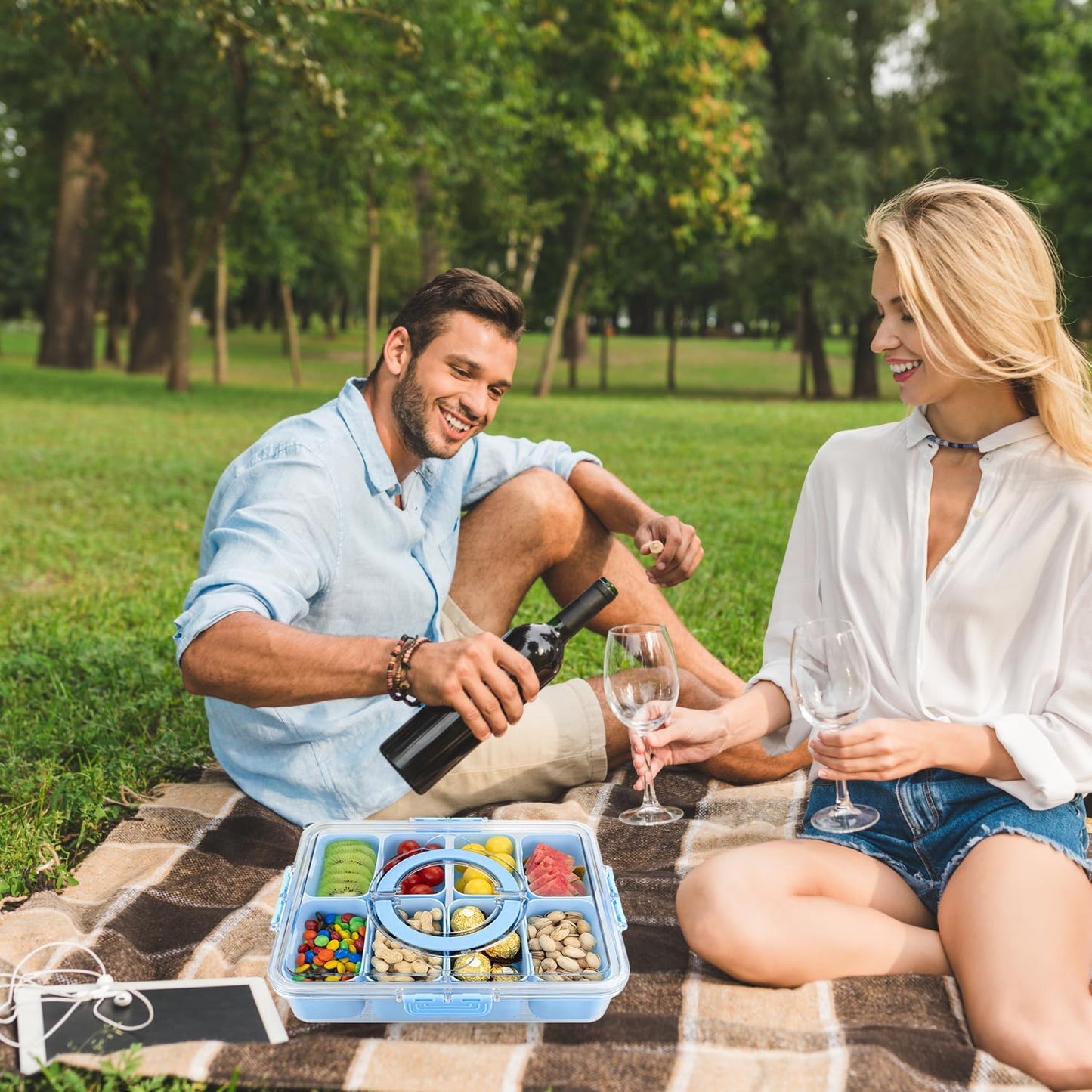 Divided Serving Tray with Lid and Handle,8 Compartments Snacks Box,Snack Fruit Veggie Tray,Portable Platter for Candy Fruits Nuts Snack Party Entertaining Picnic (Blue)