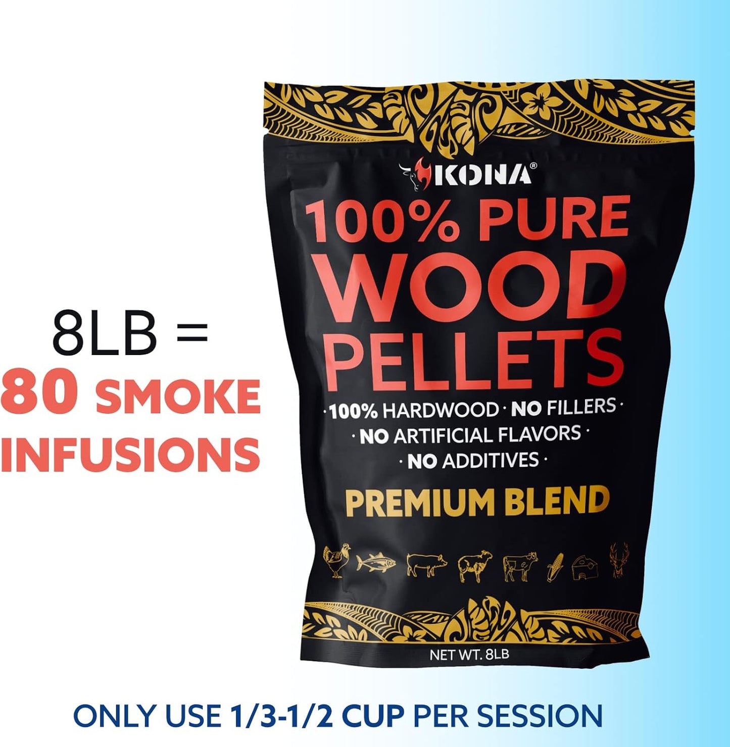 Kona Premium Blend Wood Pellets - Concentrated, Pure, Old Growth Hardwood Grilling Pellets - for BBQ, Smoker Tubes, Grills - 8 lbs Our Highest Rated in Blind Taste Testing