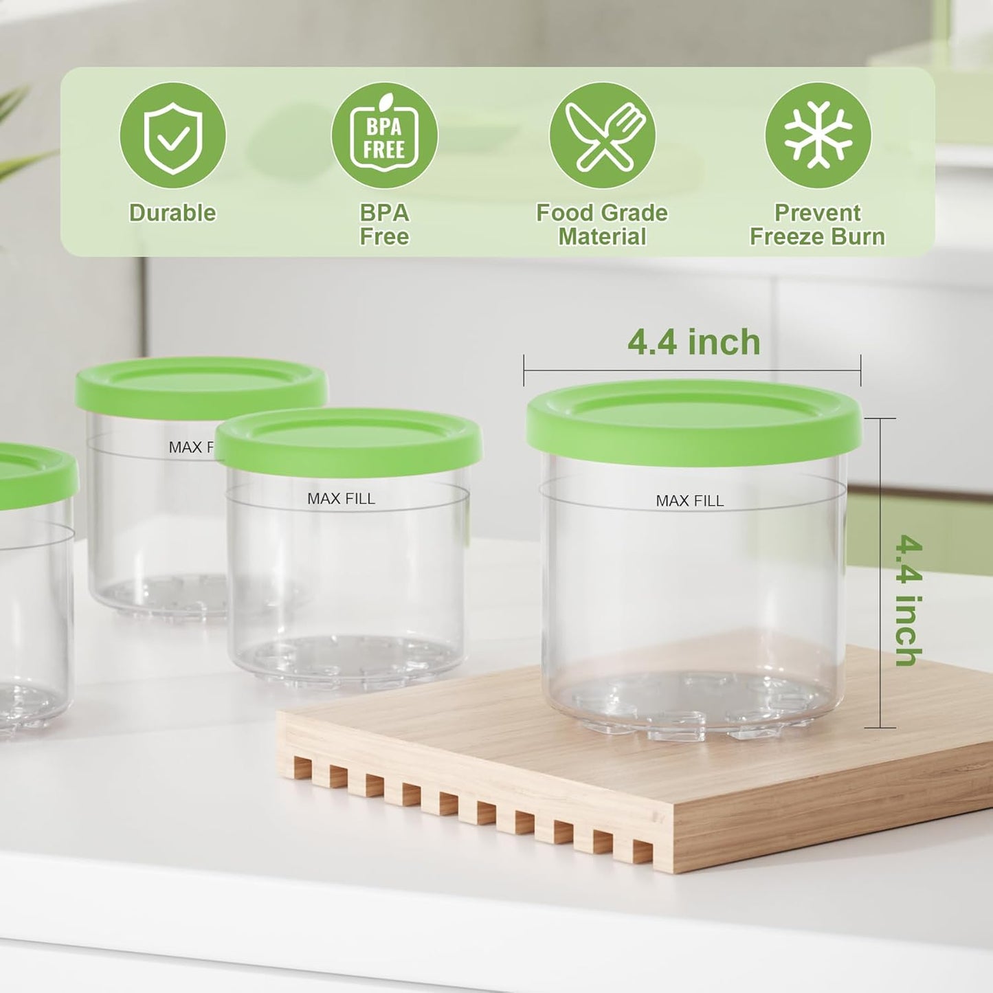 4 Pack Creami Pint Containers and Lids for Ninja with 4 spoons and writable labels, Compatible with Ninja NC299 NC300 NC301 Series Creami Maker Machine Accessories, BPA Free & Dishwasher Safe, Green