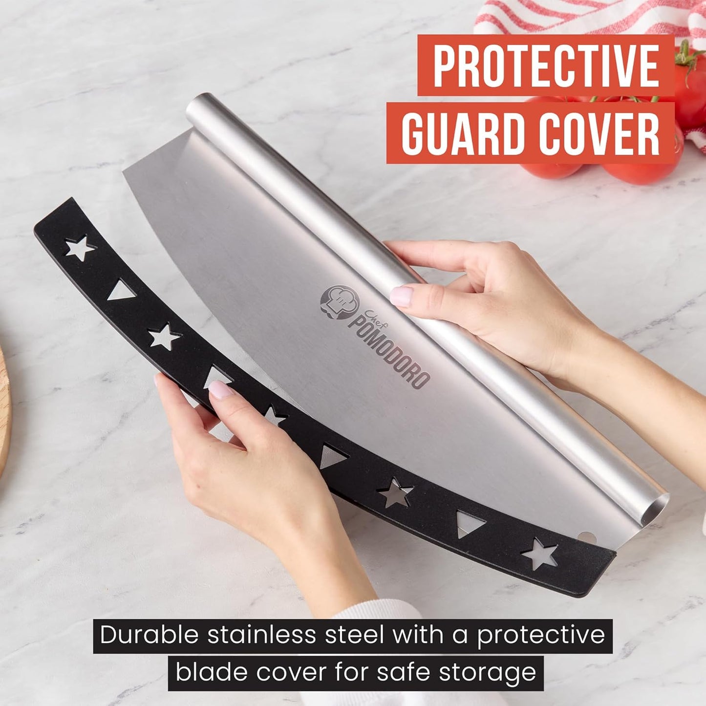 Chef Pomodoro 16 Inch Pizza Cutter Rocker Blade – Stainless Steel Rocking Pizza Cutter Knife with Cover – Professional Pizza Slicer – Large Pizza Rocker Knife for Big Pizzas and Flatbreads