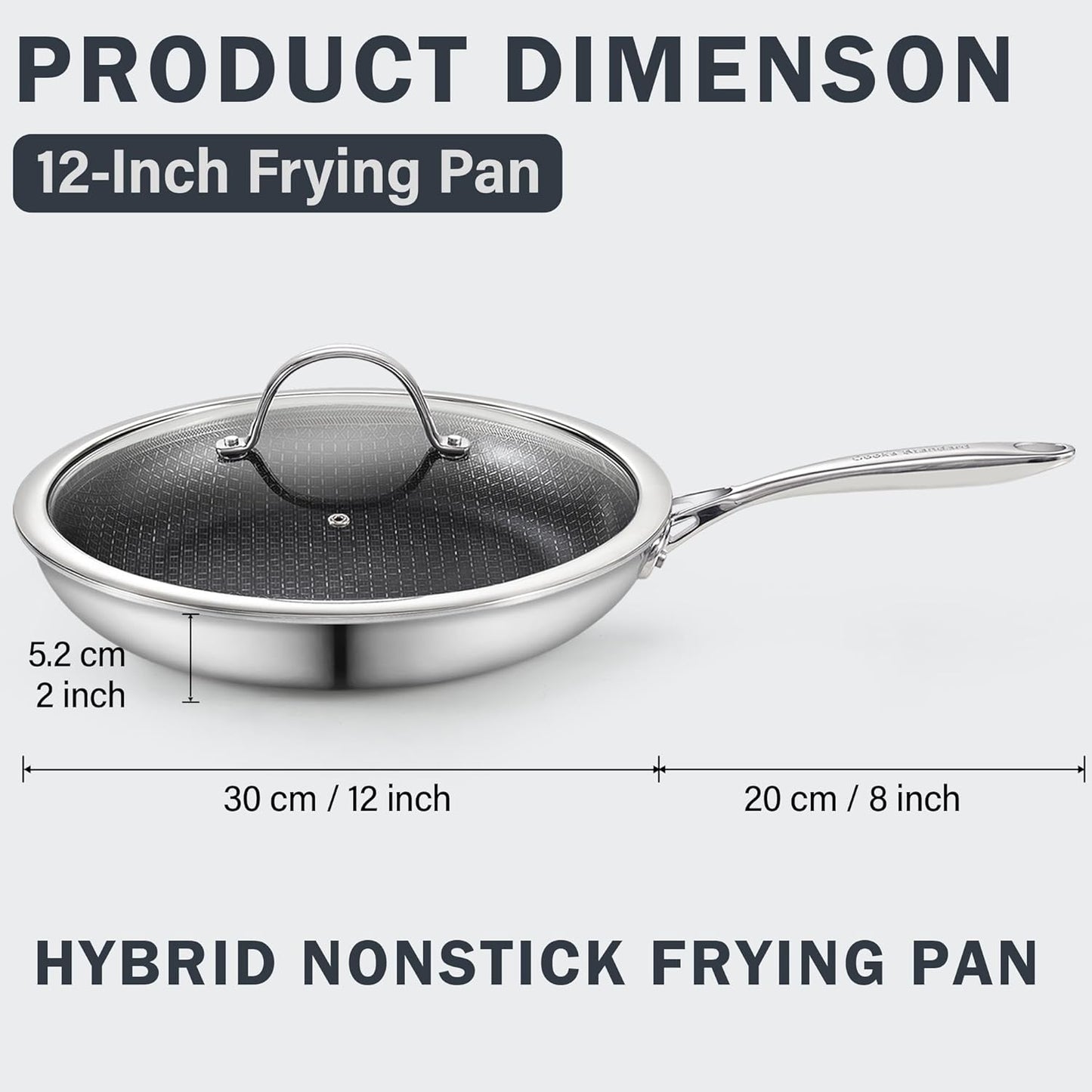 Cooks Standard Hybrid Nonstick Frying Pan, 12-Inch Skillet, Multi-Ply Clad Stainless Steel Fry Pan with Tempered Glass Lids, Oven Safe, Compatible with All Stovetops