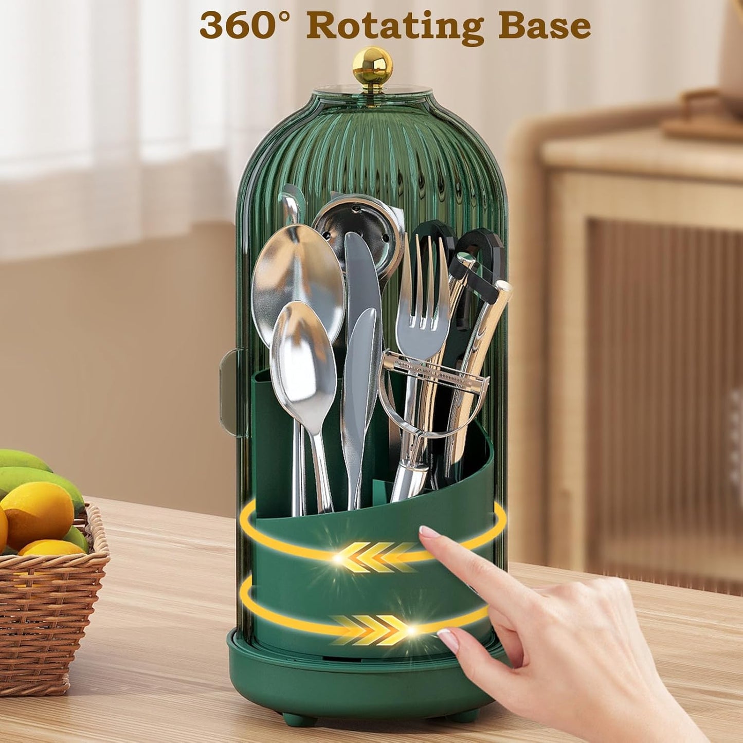 JEESA Utensil Holder with Lid, 360° Rotating Flatware Organizer for Cutlery Spoon Fork(H Less 8"), Silverware Caddy Organizer Drainage Dustproof Flatware Holder Kitchen Countertop Storage, Green