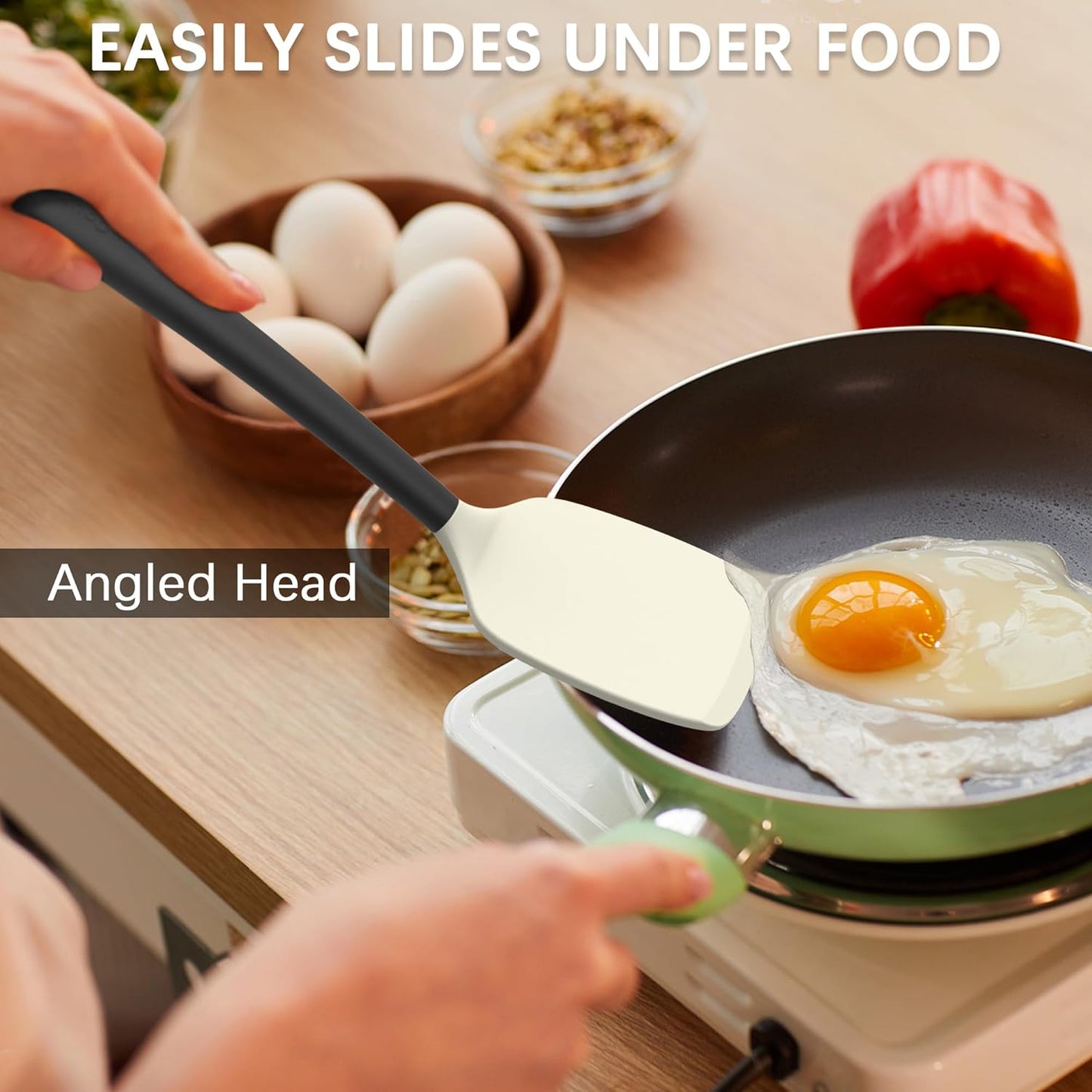 Coukre 2 Pack Silicone Spatula Set, High Heat Resistant, BPA Free Kitchen Spatula, Solid & Slotted Turner for Non-Stick Pans, Sautéing, and Flipping (2, Beige)