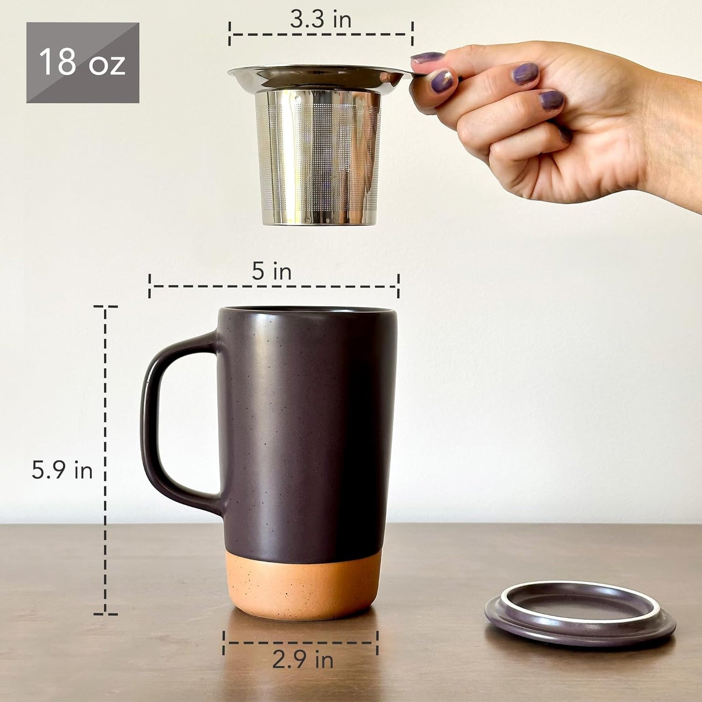 Mora Ceramics Large Tea Mug with Loose Leaf Infuser and Ceramic Lid, 18 oz, Portable, Microwave, Dishwasher Safe, Tall Coffee Cup - Rustic Matte Ceramic Glaze, Modern Herbal Tea Strainer, Nightwaves