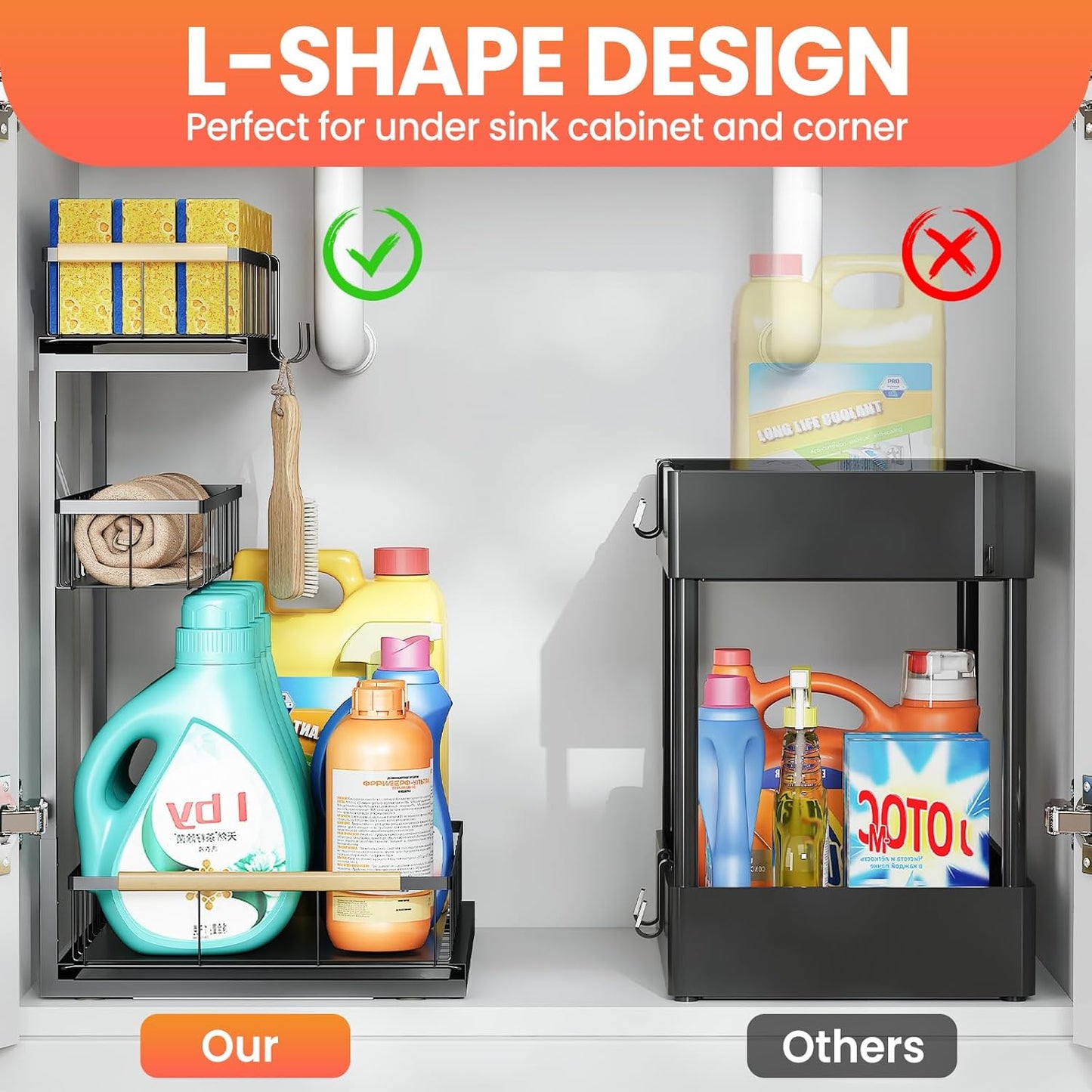 Under Sink Organizer and Storage for Bathroom and Kitchen - 2 Pack Pull Out Under Cabinet Shelf Organizers - 2 3 Tier Sliding Out Drawer Organization for Home Cabinets Shelves and Drawers