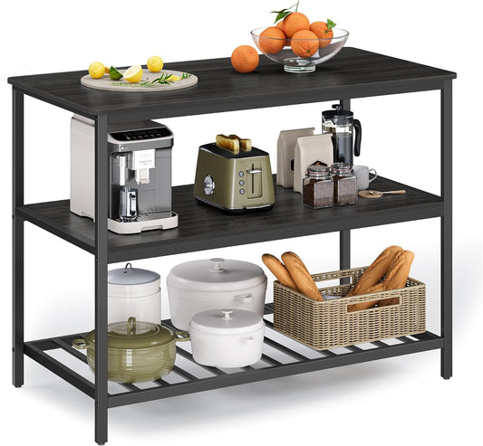 VASAGLE Kitchen Island with 3 Shelves, 47.2 Inches Width Kitchen Shelf with Large Worktop, Stable Steel Structure, Industrial, Easy to Assemble, Ebonised Oak and Black UKKI001B42