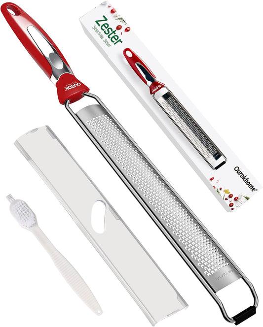 Ourokhome Kitchen Lemon Zester, Stainless Steel Hand Held Parmesan Cheese Grater for Ginger, Chocolate, Coconut, Lime, Nutmeg, Citrus, Fruit, Vegetable with Cleaning Brush, Dishwasher safe, Red
