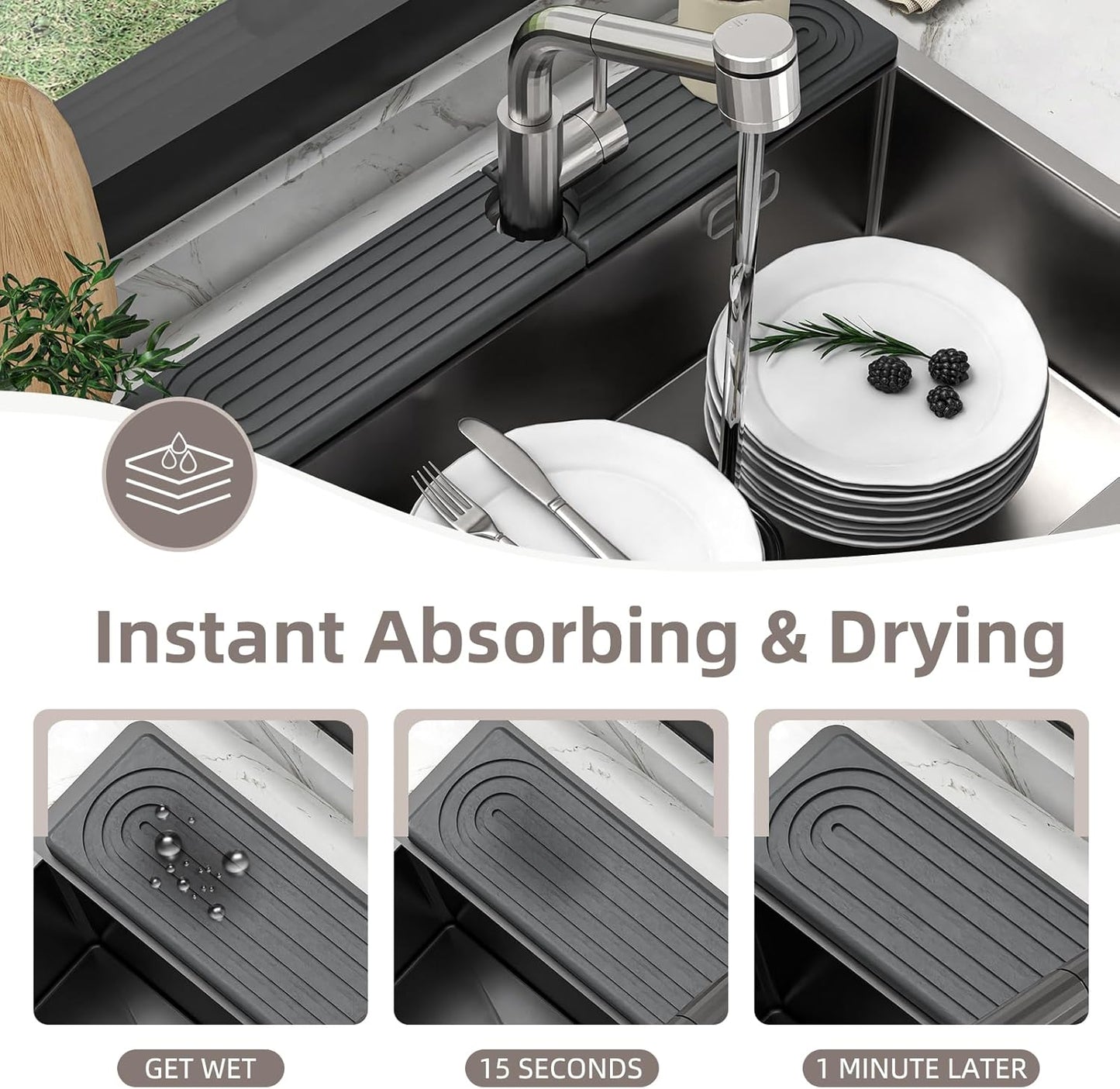 Faucet Mat for Kitchen Sink - Super Absorbent Diatomite Fast Drying Stone, Quick Drying Splash Guard,Prevents Moisture Buildup Sink, Durable Protector for Kitchen,Bathroom Counter