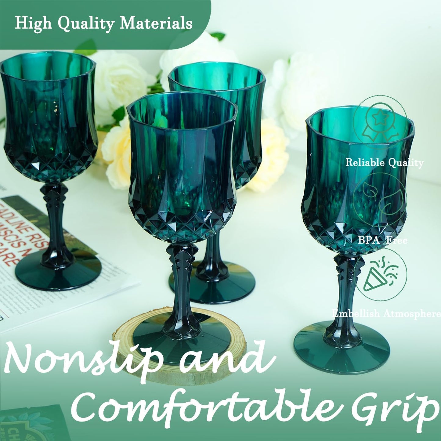 Plastic Wine Glasses，Plastic Goblets Vintage Style Cordial Drinking Glasses for Wedding Reception, Grand Event Party Supplies (48, Green)