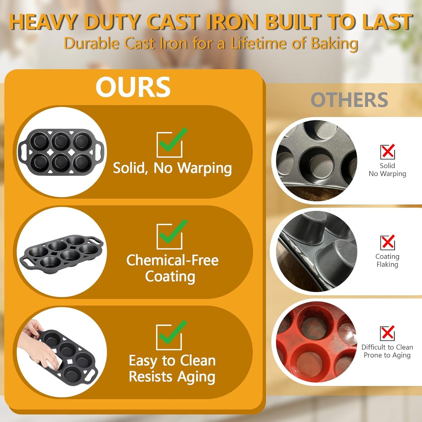 Pre-Seasoned Cast Iron Muffin Pan - 6-Cup Nonstick Cupcake Pan, 2 Piece Set