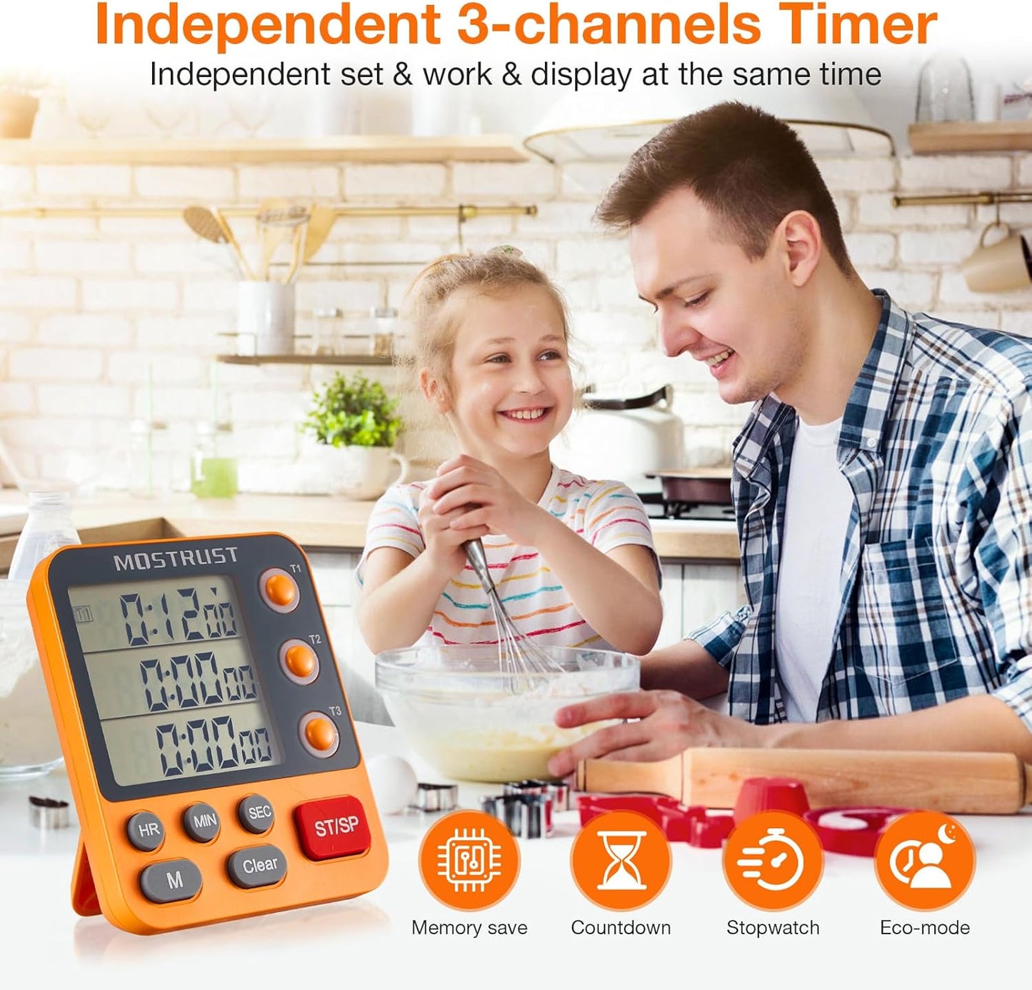 Digital Dual Kitchen Timer, 3 Channels Countdown Triple Timer for Cooking, Magnetic Memory-Preset Large-Display Adjustable Alarm Volume, Multi Times Management, 3A Battery Included, Blue