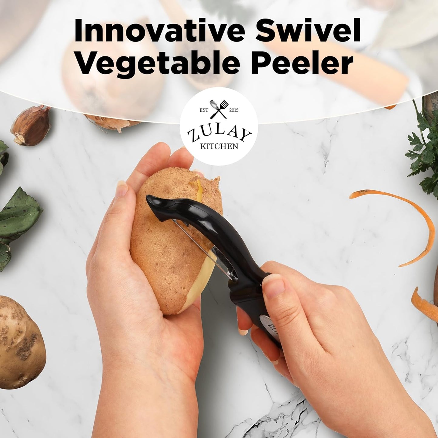 Zulay Kitchen Premium Vegetable Peeler for Kitchen - Swivel Peeler with Razor Sharp Stainless Steel Blades & Strong Ergonomic Handle - Dishwasher Safe, Easy To Use with Blemish Remover - Black