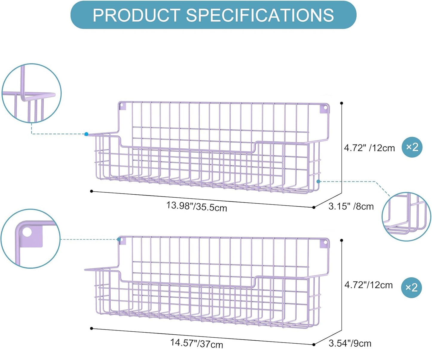 Spice Rack Wall Mount, Spice Organizer for Cabinet & Pantry Door, Set of 4 Hanging Spice Rack Saving Space for Kitchen, Purple