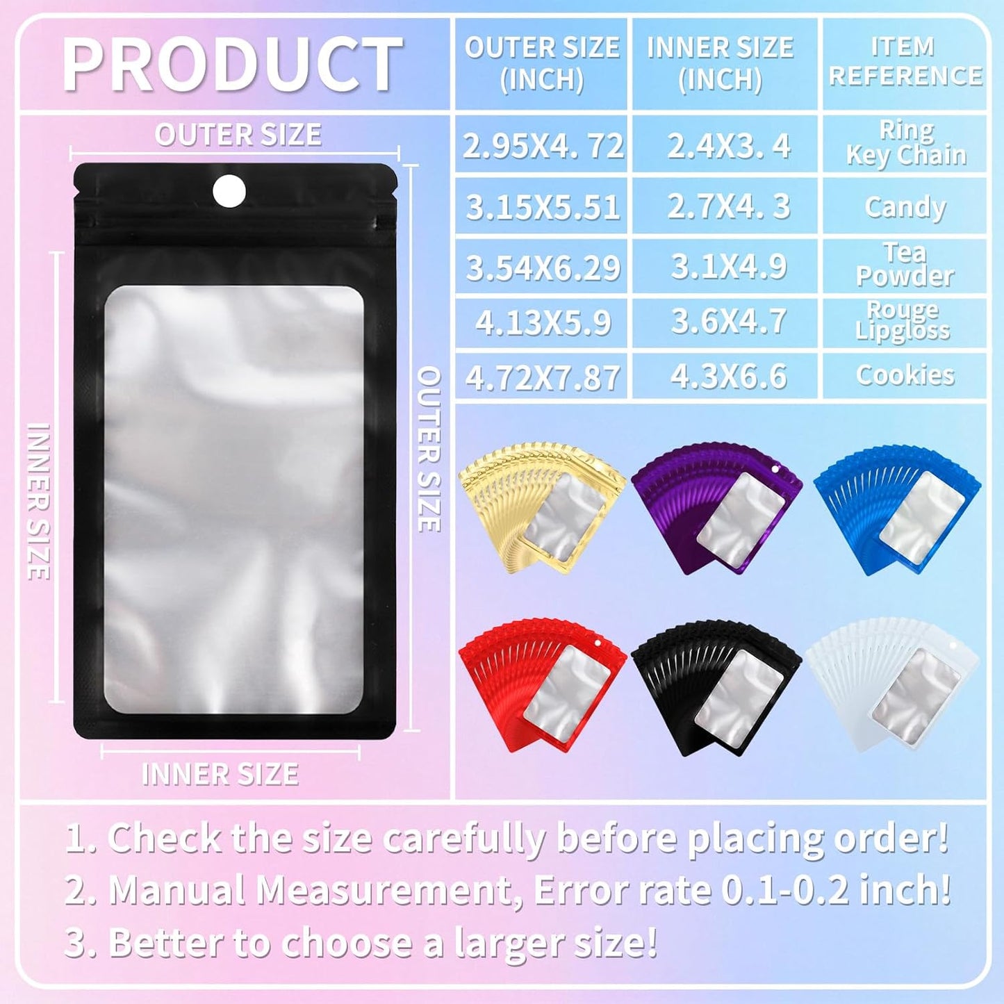 200 Pack Resealable Mylar Holographic Bags Food Storage Smell Proof Bags with Front Window Foil Packaging Pouch for Candy Sample Jewelry Small Business 3.15×5.51 Inch, Black