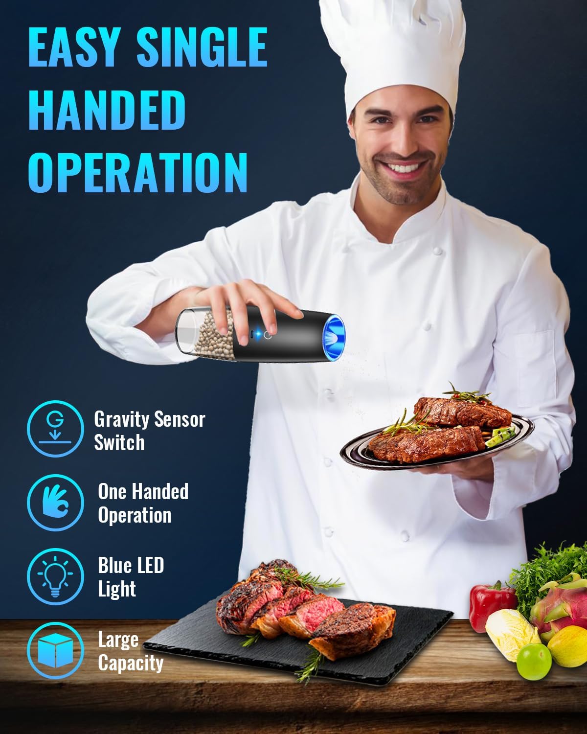 Rechargeable Electric Pepper and Salt Grinder Set, No Battery Needed, whit Gravity Sensing Switch and LED Light, One Hand Automatic Operation, Black 2 Pack