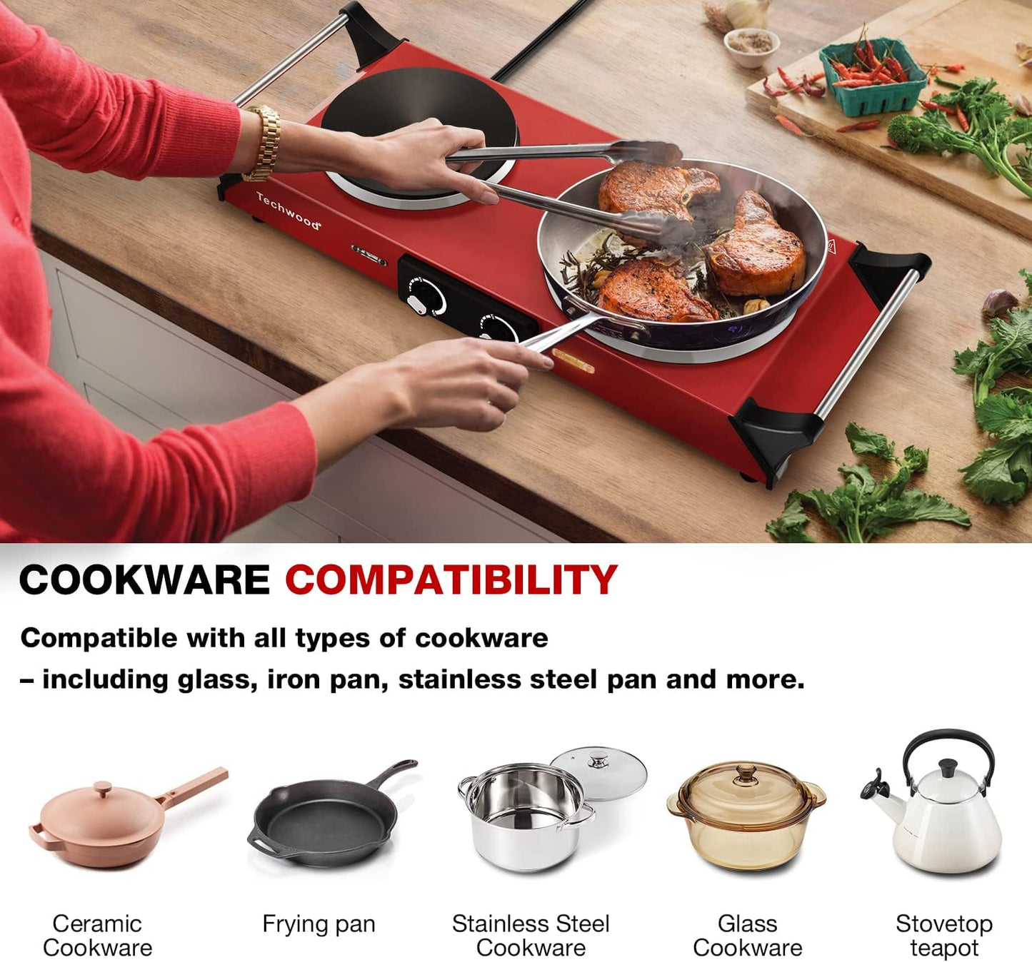 Hot Plate, Techwood 1800W Portable Electric Stove for Cooking Countertop Dual Burner with Adjustable Temperature & Stay Cool Handles, 7.5” Cooktop for Home/RV/Camp, Compatible for All Cookware, Red