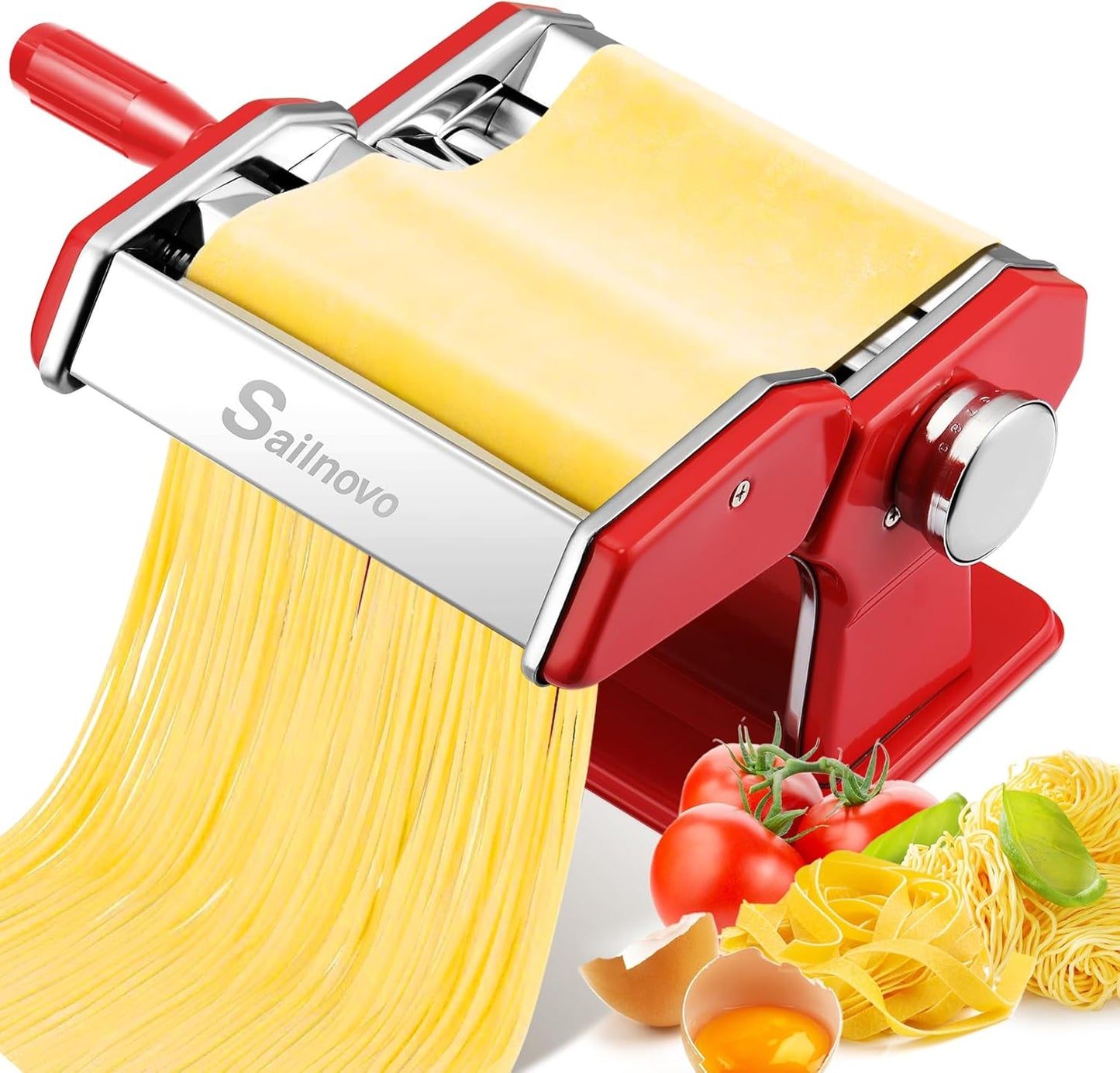 Sailnovo Pasta Maker Machine, 180 Roller Pasta Maker, 9 Adjustable Thickness Settings 2-in-1 Noodles Maker with Rollers and Cutter, Perfect for Spaghetti, Fettuccini, Lasagna or Dumpling Skin Red