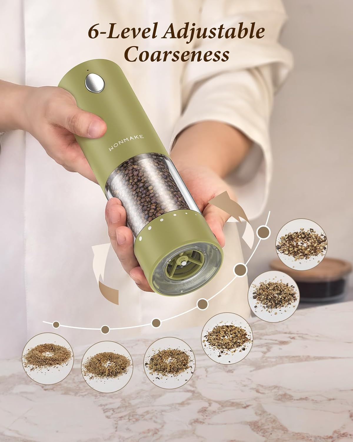 Electric Salt and Pepper Grinder Set - Automatic Refillable Salt and Pepper Grinders with Charging Base & LED Light, 6-Level Adjustable Coarseness with External Dial, Ideal Kitchen Gadget，Green